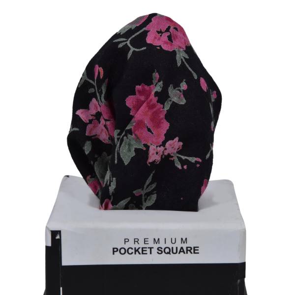 BLACK WITH PINK FLORAL PATTERN POCKET SQUARE OHMYBOW