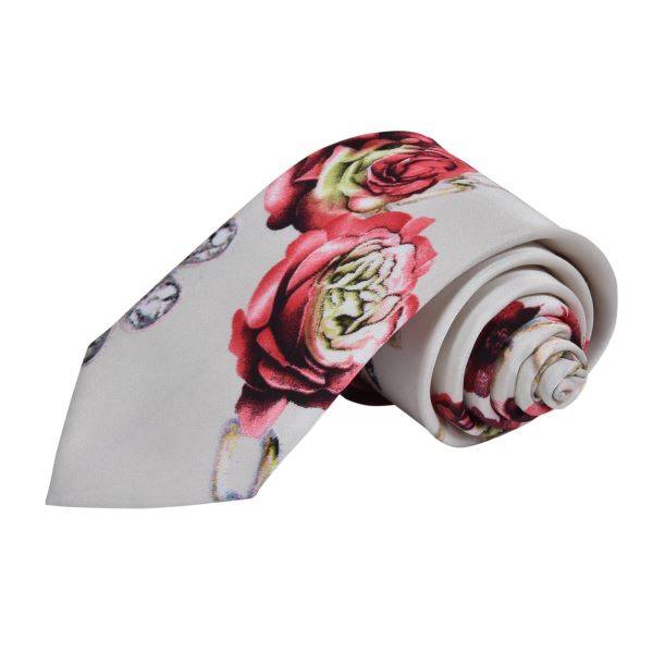 WHITE ROSE PRINT FLORAL TIE OHMYBOW