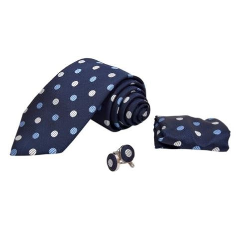 BLUE LARGE DOTS TIE, POCKET SQUARE AND CUFFLINK GIFT SET OHMYBOW