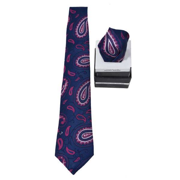 NAVY BLUE FLORAL PAISLEY TIE & POCKET SQUARE OHMYBOW