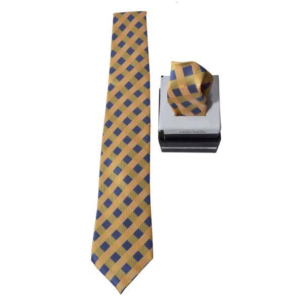 YELLOW AND BLUE ART DECO TIE & POCKET SQUARE OHMYBOW