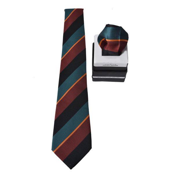 MAROON, BLACK & BLUE CHUNKY THICK STRIPE TIE AND POCKET SQUARE OHMYBOW