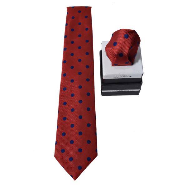 CORAL POLKA DOTS RED TIE & POCKET SQUARE OHMYBOW
