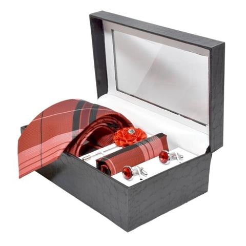 MEN PREMIUM COTTON NECKTIE & POCKET SQUARE WITH CUFFLINK COMBO GIFT SET (RED, FREE SIZE) OHMYBOW