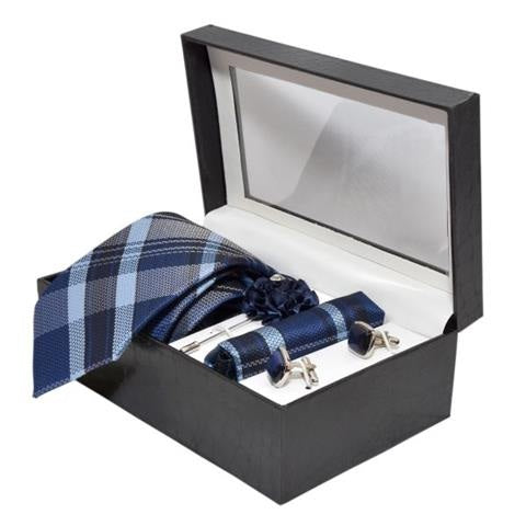 MEN PREMIUM COTTON NECKTIE & POCKET SQUARE WITH CUFFLINK COMBO GIFT SET (BLUE, FREE SIZE) OHMYBOW