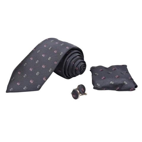 GREY PATTERNED TIE, POCKET SQUARE AND CUFFLINKS GIFT SET OHMYBOW