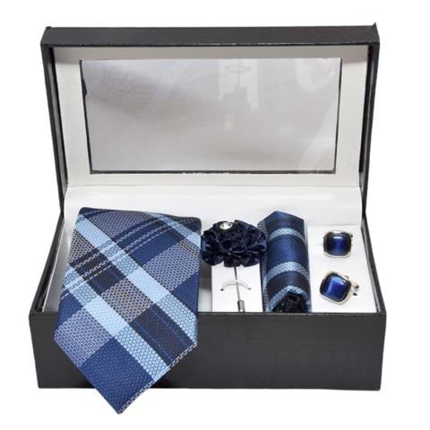MEN PREMIUM COTTON NECKTIE & POCKET SQUARE WITH CUFFLINK COMBO GIFT SET (BLUE, FREE SIZE) OHMYBOW