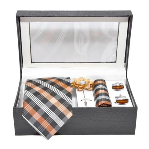 MEN PREMIUM COTTON NECKTIE & POCKET SQUARE WITH CUFFLINK COMBO GIFT SET (GOLDEN, FREE SIZE) OHMYBOW