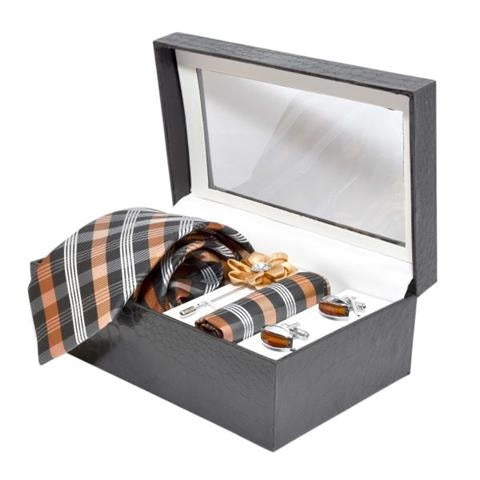 MEN PREMIUM COTTON NECKTIE & POCKET SQUARE WITH CUFFLINK COMBO GIFT SET (GOLDEN, FREE SIZE) OHMYBOW