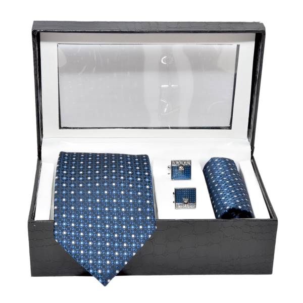 POLKA DOTS MEN PREMIUM NECKTIE & POCKET SQUARE WITH CUFFLINK COMBO GIFT SET (BLUE, FREE SIZE) OHMYBOW