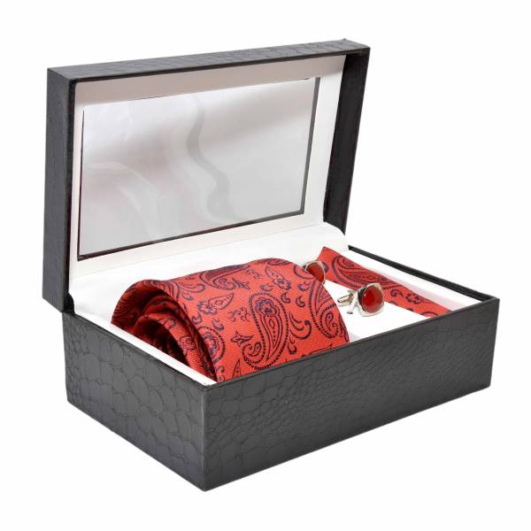MEN PREMIUM NECKTIE & POCKET SQUARE WITH CUFFLINK COMBO GIFT SET (RED PAISLEY, FREE SIZE) OHMYBOW
