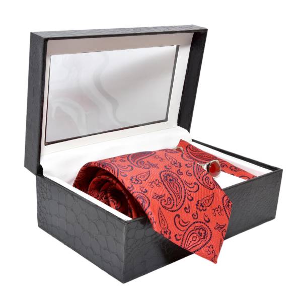 MEN PREMIUM NECKTIE & POCKET SQUARE WITH CUFFLINK COMBO GIFT SET (RED PAISLEY, FREE SIZE) OHMYBOW